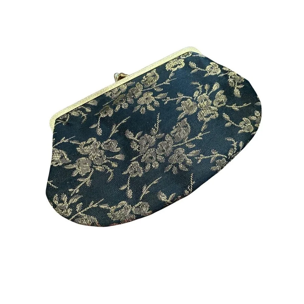Vintage Kleinerts Clutch Purse Womens Small Black Gold Floral Jacquard Evening